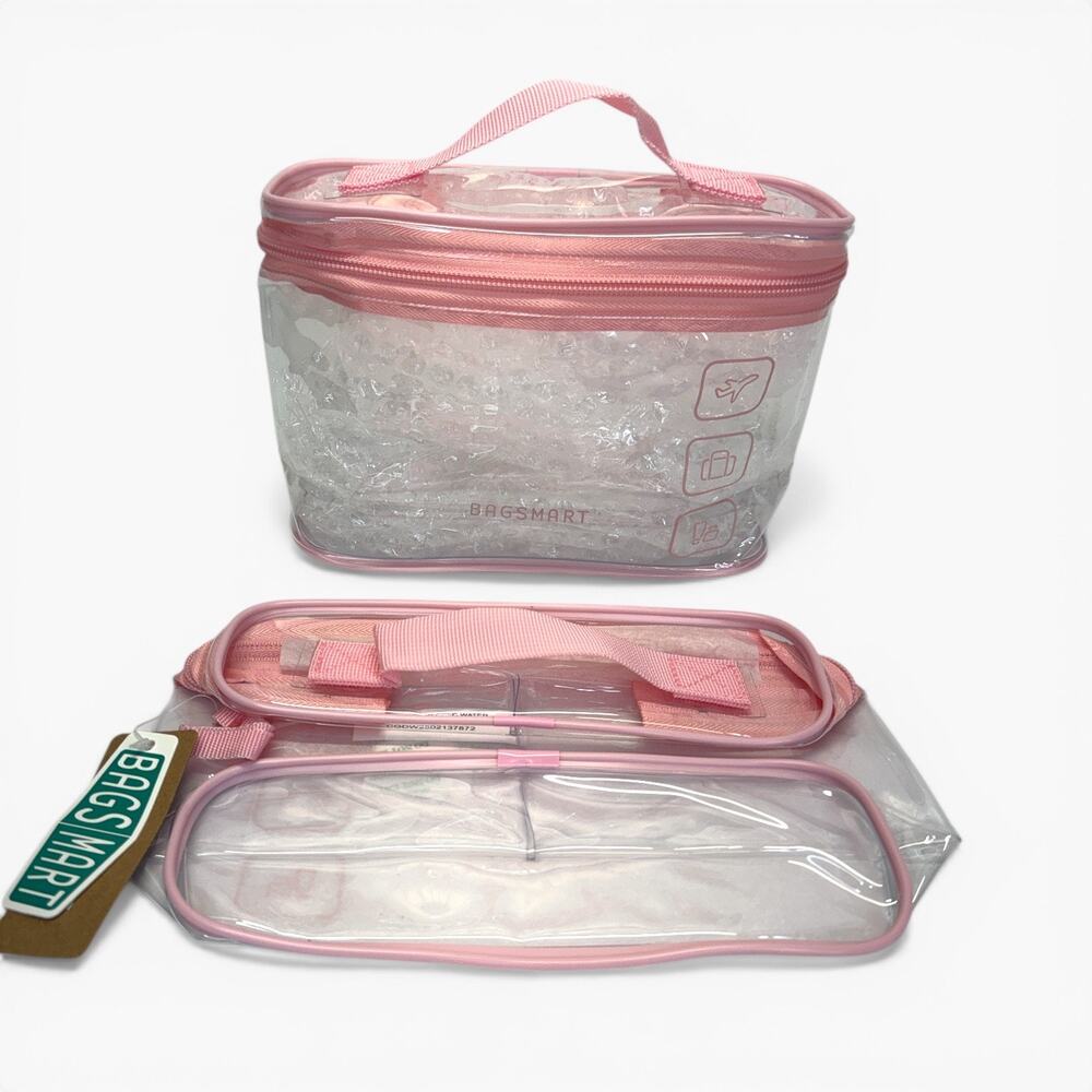 BAGSMART TSA Clear Toiletry Bags 2 Pack Pink Quart Travel Makeup Case PVC